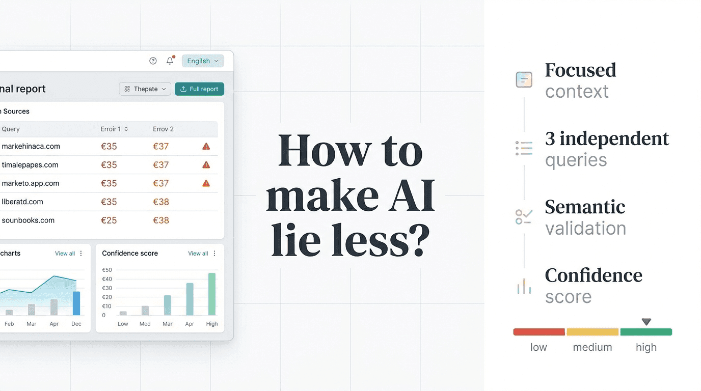 Data dashboard and text 'How to make AI lie less?' with AI validation features.