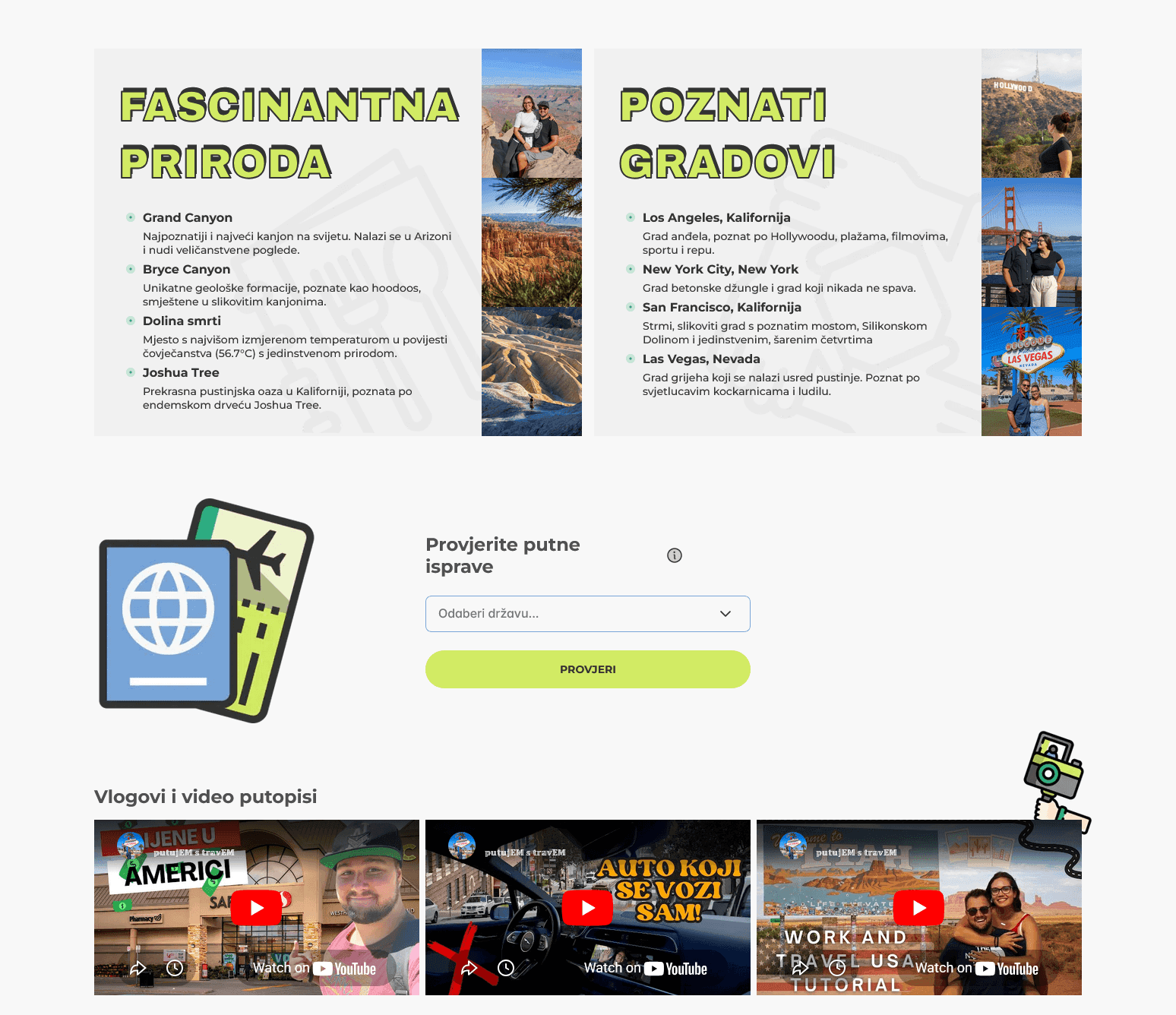 Travel webpage featuring destinations, a trip cost calculator, and embedded vlogs for user engagement.