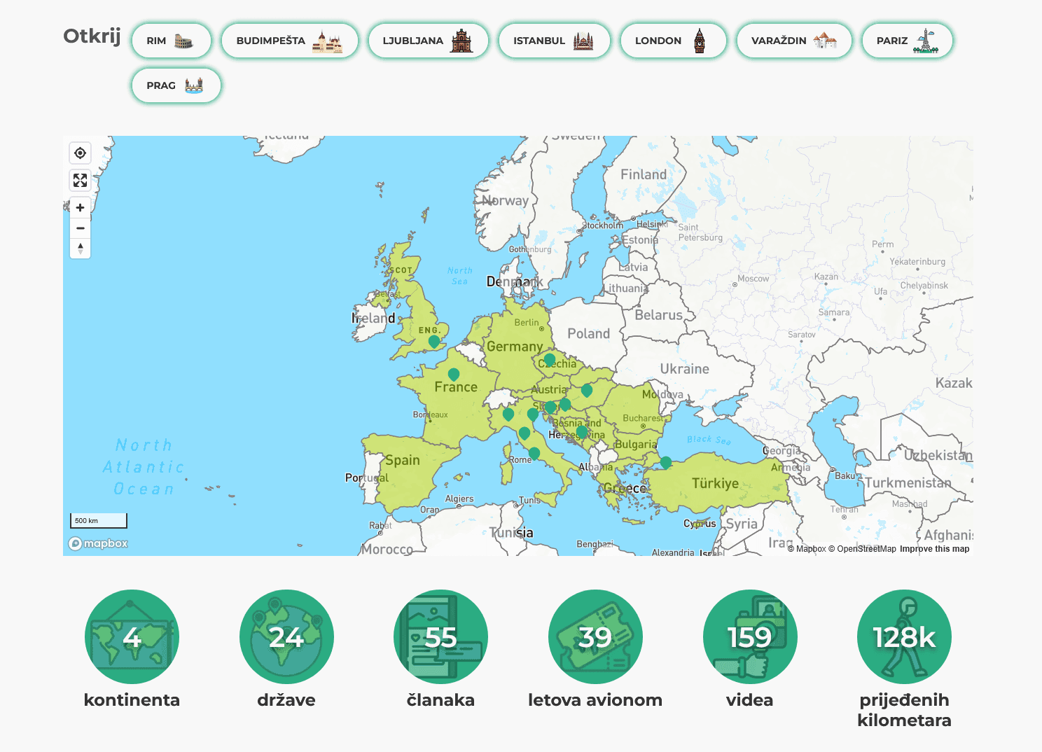 Map of Europe with highlighted countries and travel locations, showing summary statistics below.