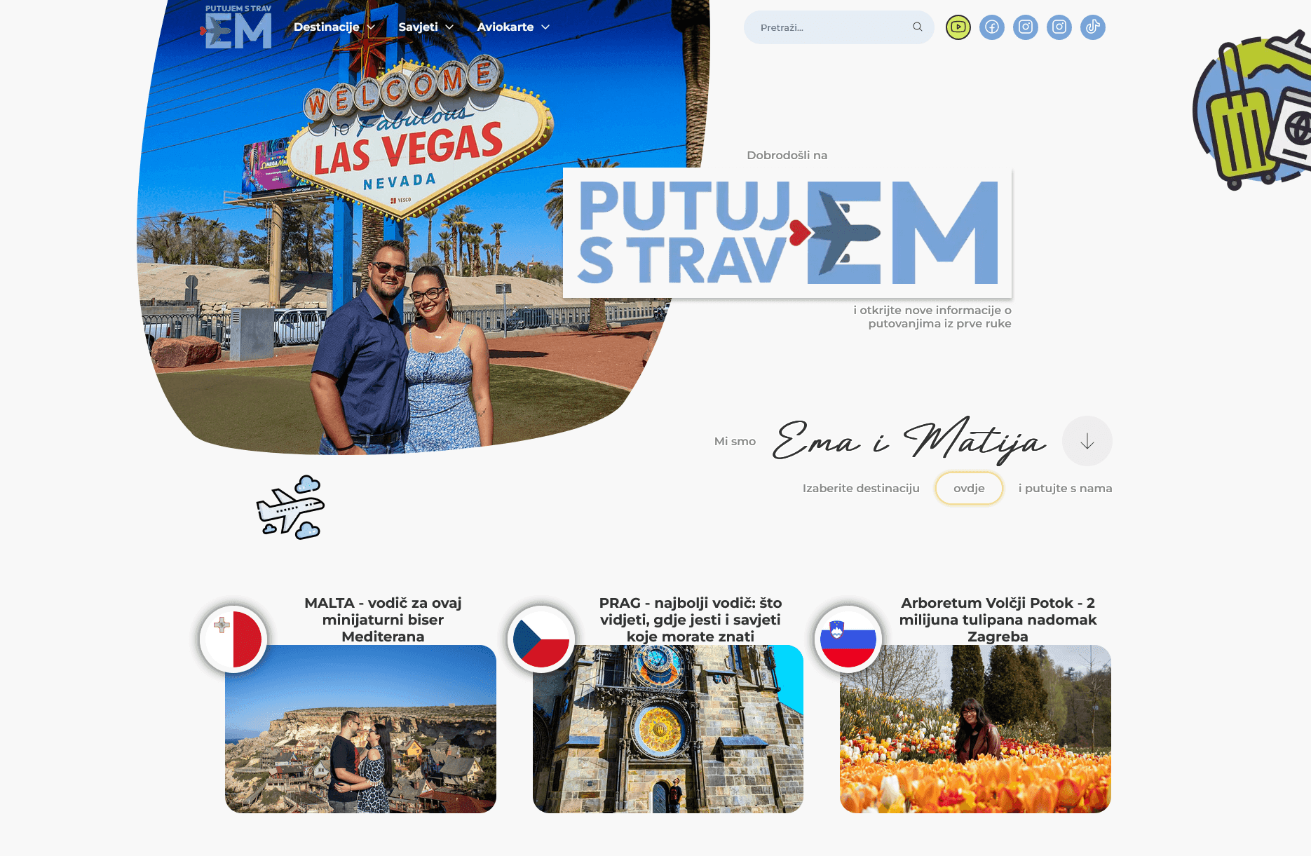 Travel blog homepage featuring a couple posing happily in front of the iconic Las Vegas sign.